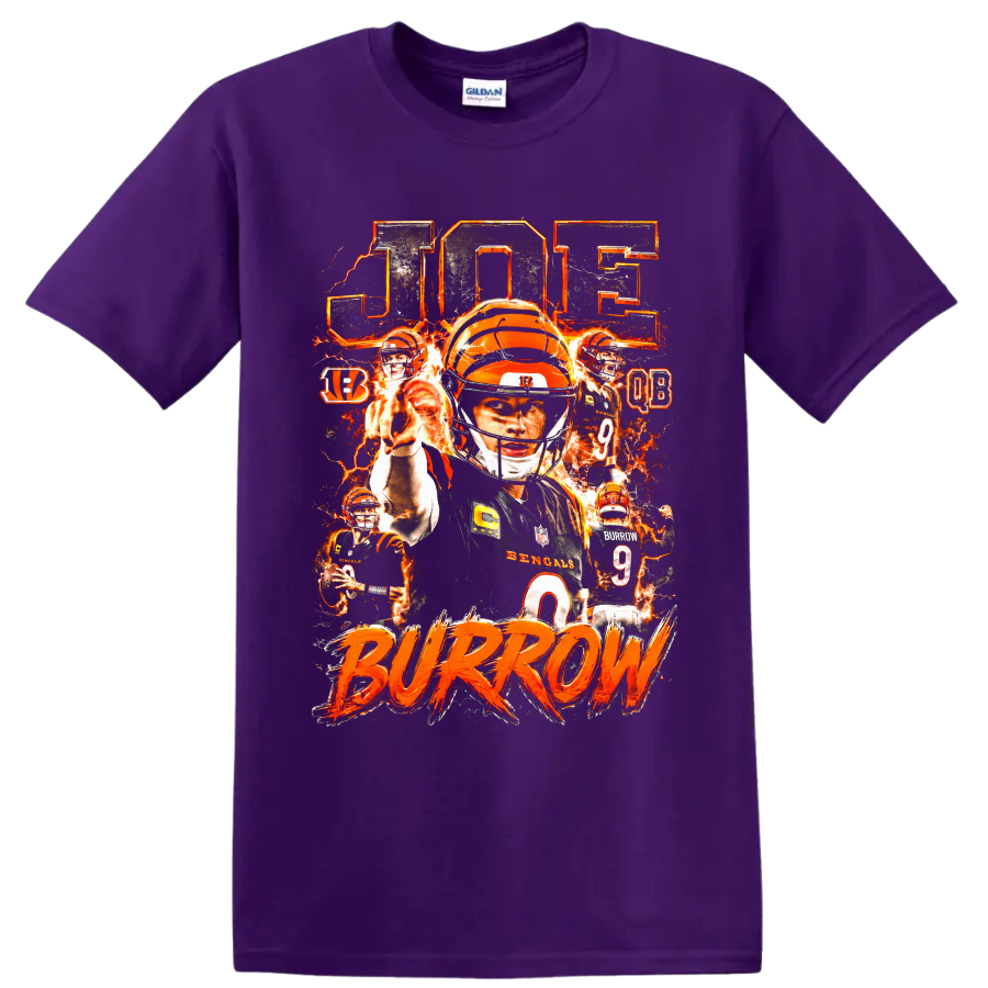 Joe Burrow Bengals number 9 fiery quarterback collage with BURROW lettering on a Purple T Shirt