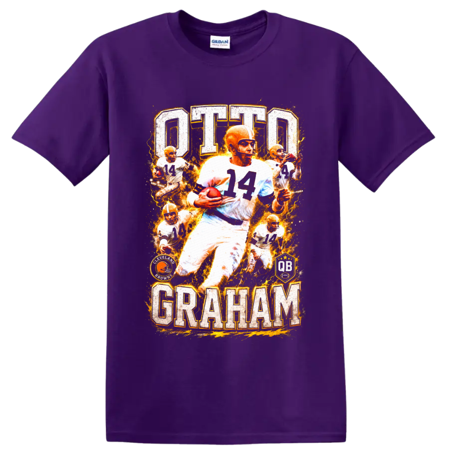 Otto Graham No. 14 Cleveland Browns vintage action collage with OTTO GRAHAM lettering on a Purple T Shirt