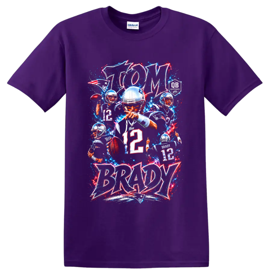 Tom Brady Patriots quarterback collage with number 12 and electric GOAT lettering on a Purple T Shirt