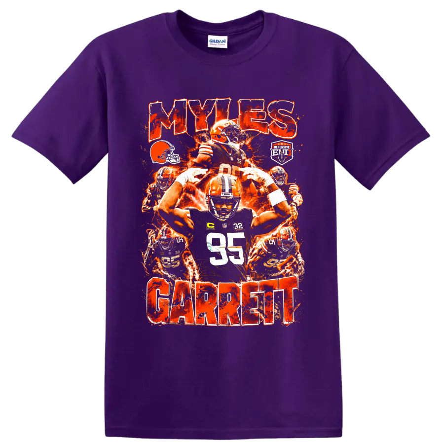 Myles Garrett Cleveland Browns fiery football collage with number 95 and MYLES GARRETT on a Purple T Shirt