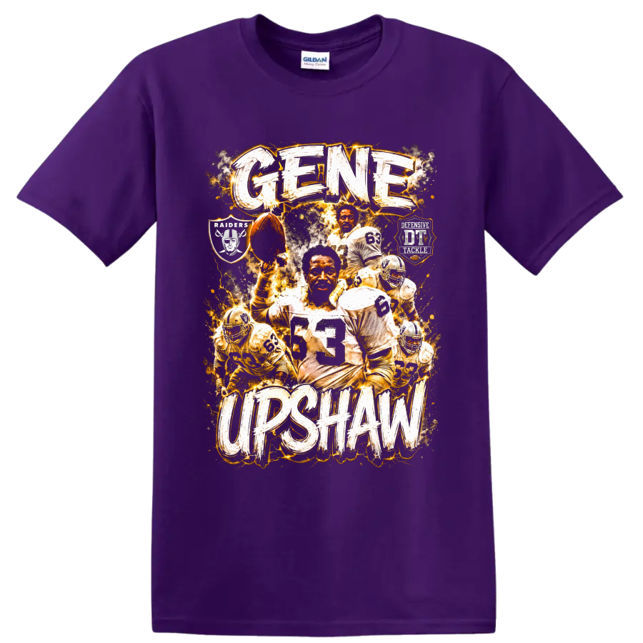 Gene Upshaw Oakland Raiders football collage with number 63 and distressed lettering on a Purple T Shirt