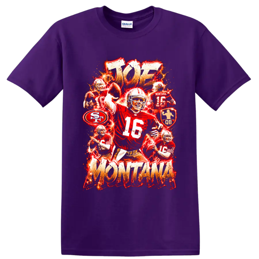 Joe Montana 49ers quarterback collage with No. 16 action, lightning, and distressed on a Purple T Shirt