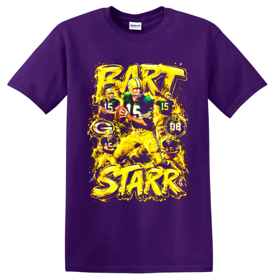 Bart Starr Green Bay Packers quarterback collage with vintage action art and electric on a Purple T Shirt