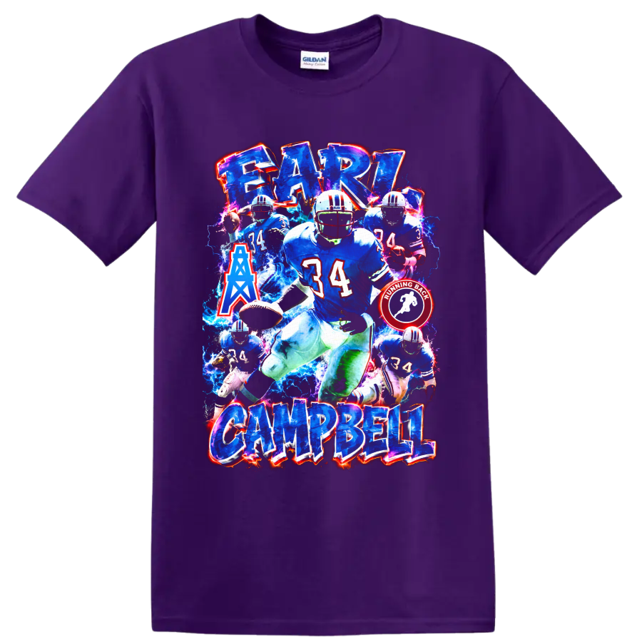 Earl Campbell Houston Oilers number 34 football collage with electric blue effects on a Purple T Shirt