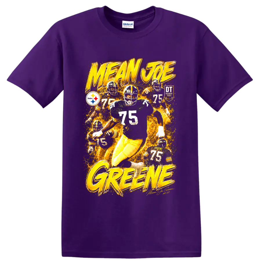 Mean Joe Greene Steelers number 75 fiery vintage football action graphic on a Purple T Shirt