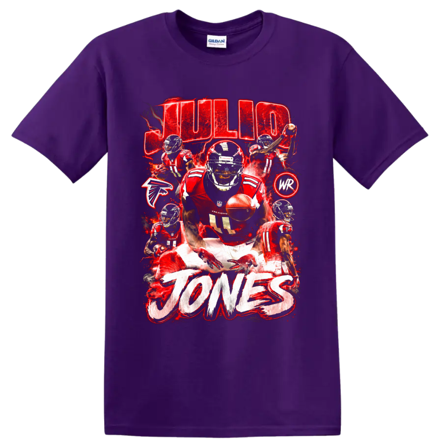 Julio Jones Atlanta Falcons action collage with red lightning and JULIO JONES text on a Purple T Shirt