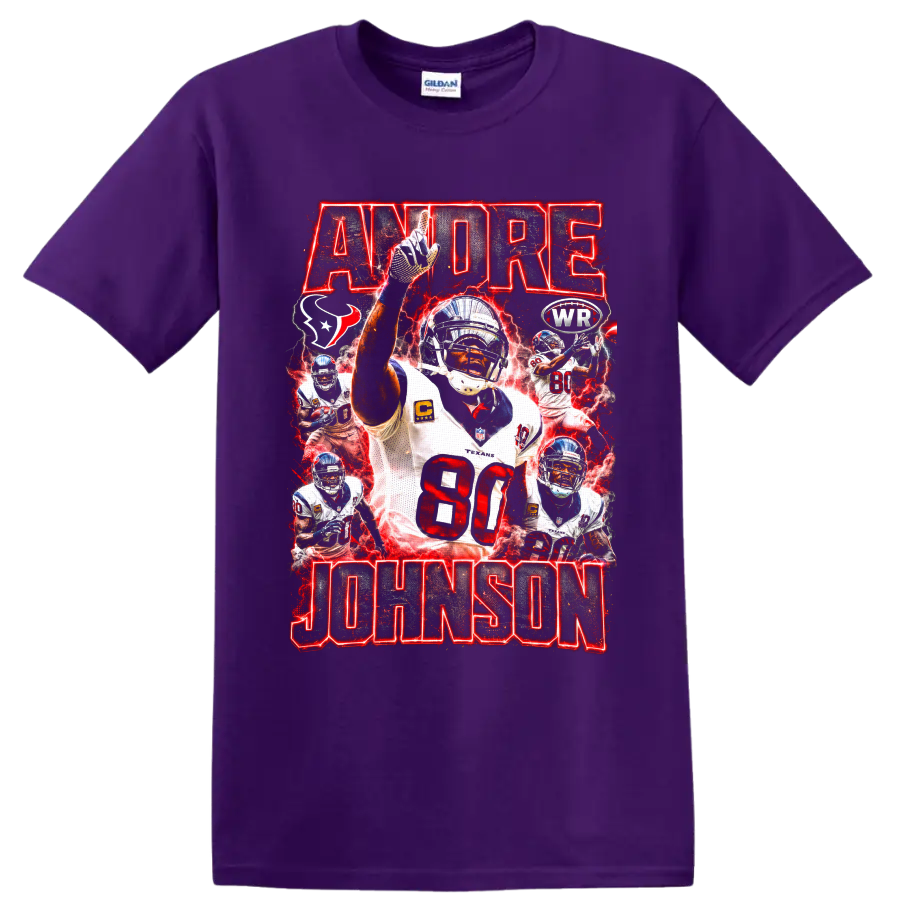 Andre Johnson Houston Texans number 80 action collage with red lightning and bold on a Purple T Shirt