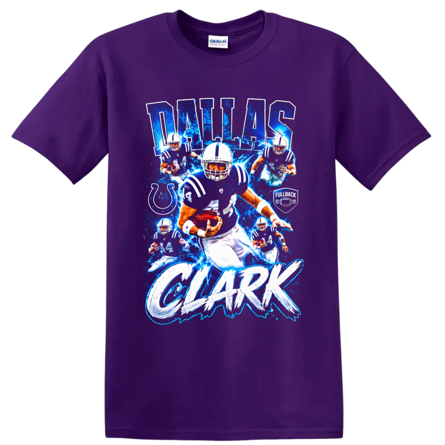 Dallas Clark Colts football action collage with number 44, lightning, and bold name text on a Purple T Shirt