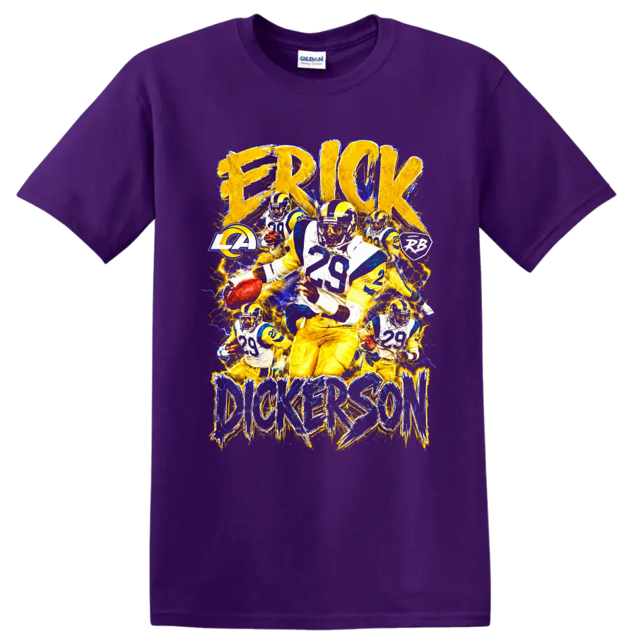 Eric Dickerson Rams running back collage with distressed lettering and lightning on a Purple T Shirt