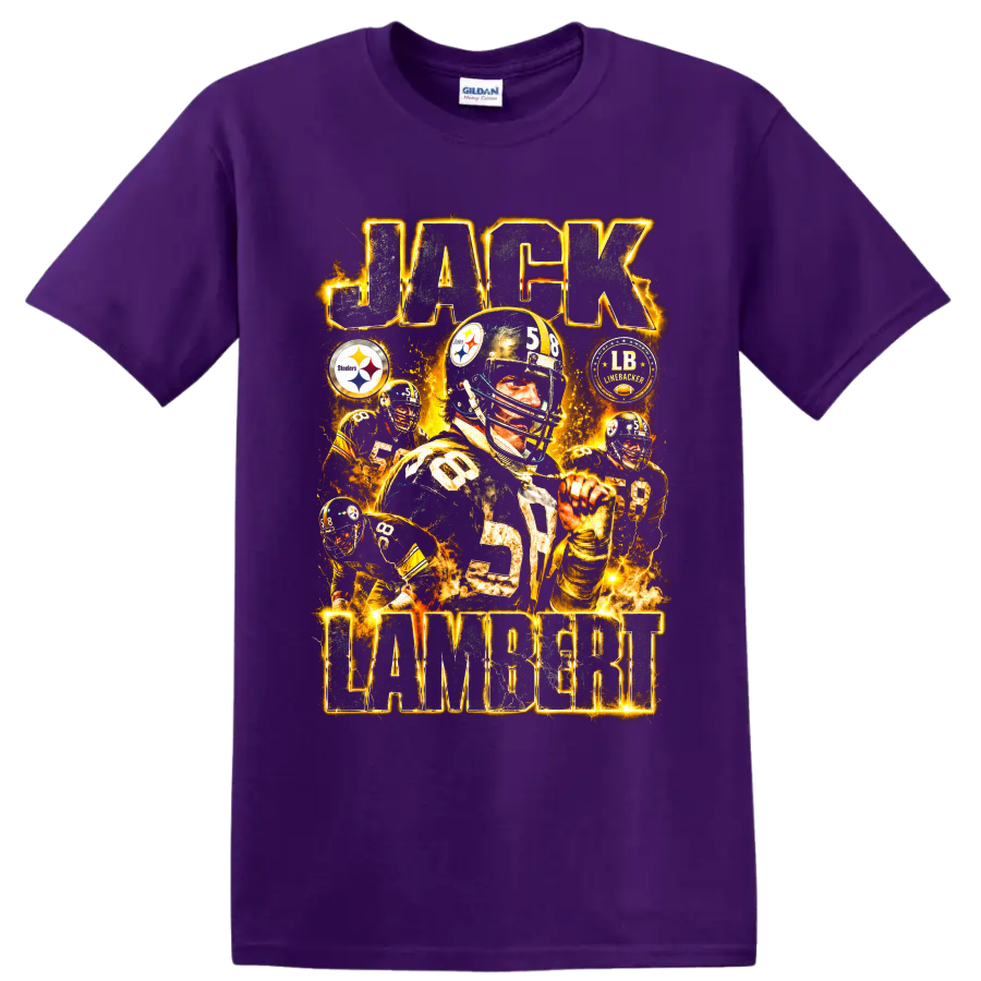 Jack Lambert Steelers number 58 vintage football collage with gold lightning on a Purple T Shirt