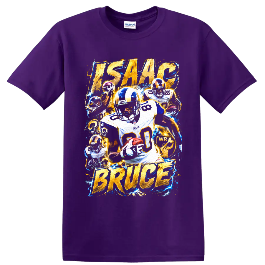 Isaac Bruce Rams number 80 football collage with gold lettering and electric blue effects on a Purple T Shirt