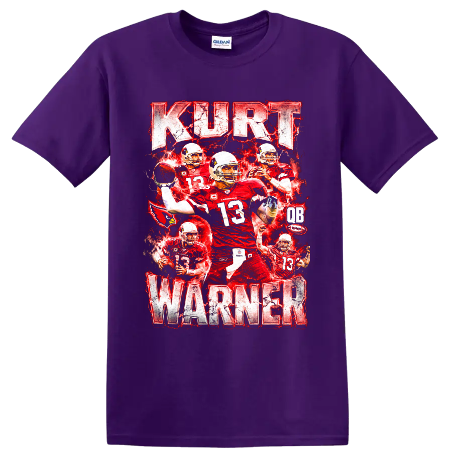 Kurt Warner Arizona Cardinals number 13 football collage with red lightning on a Purple T Shirt