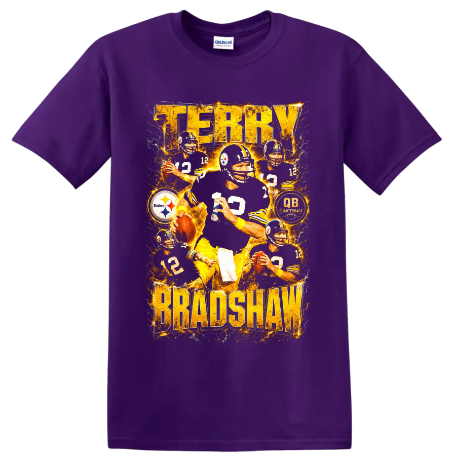 Terry Bradshaw Steelers number 12 quarterback collage with electric gold lettering on a Purple T Shirt