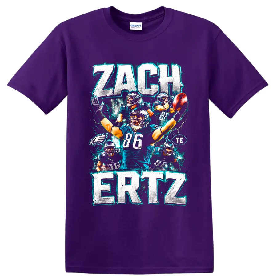 Zach Ertz Eagles number 86 football collage with distressed electric lettering on a Purple T Shirt