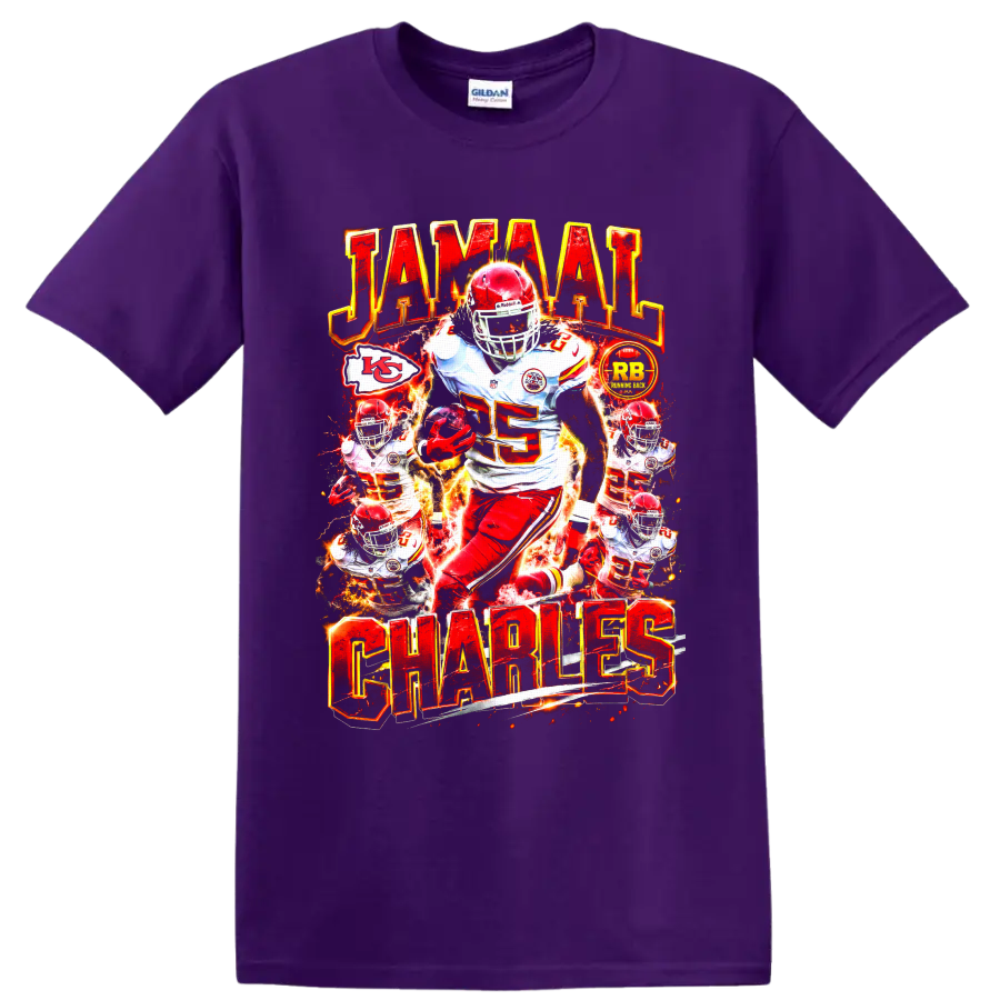 Jamaal Charles Chiefs number 25 fiery football action collage with JAMAAL CHARLES text on a Purple T Shirt