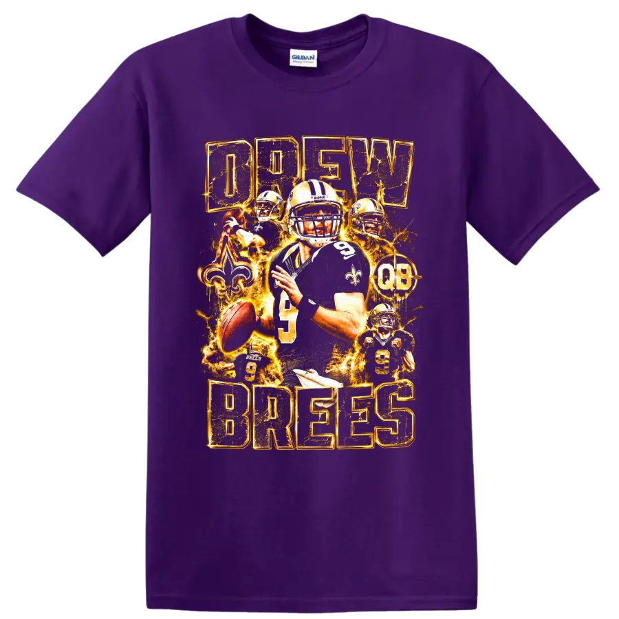 Drew Brees Saints quarterback collage with number 9, fleur-de-lis, and gold lightning on a Purple T Shirt