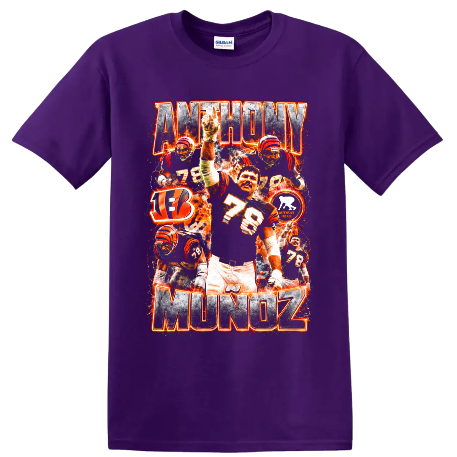 Anthony Muñoz Bengals number 78 football collage with fiery orange graphics on a Purple T Shirt