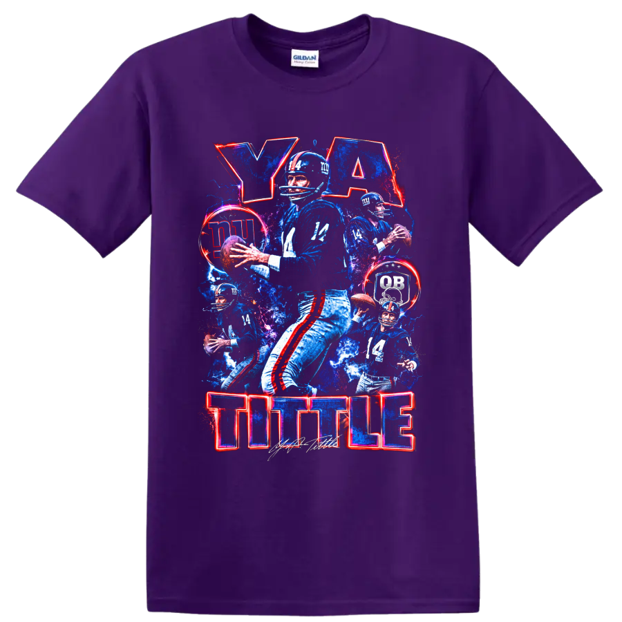 Y. A. Tittle New York Giants number 14 quarterback collage with TITTLE lettering on a Purple T Shirt