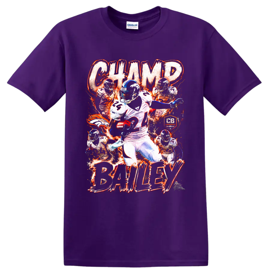 Champ Bailey Denver Broncos number 24 cornerback collage with fiery action graphics on a Purple T Shirt