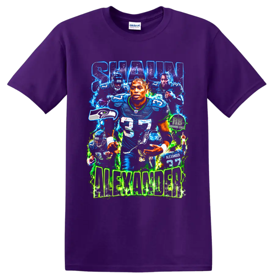 Shaun Alexander Seattle Seahawks number 37 football collage with glowing lettering on a Purple T Shirt