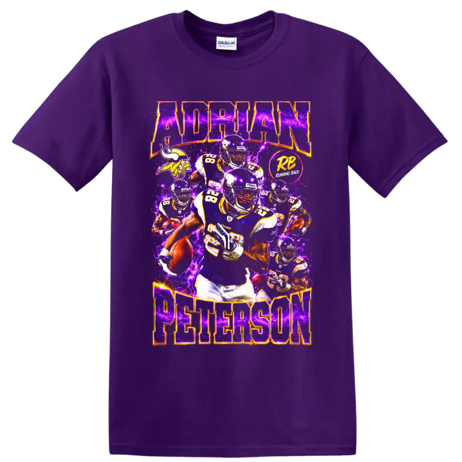 Adrian Peterson Vikings running back collage with purple lightning and football action on a Purple T Shirt