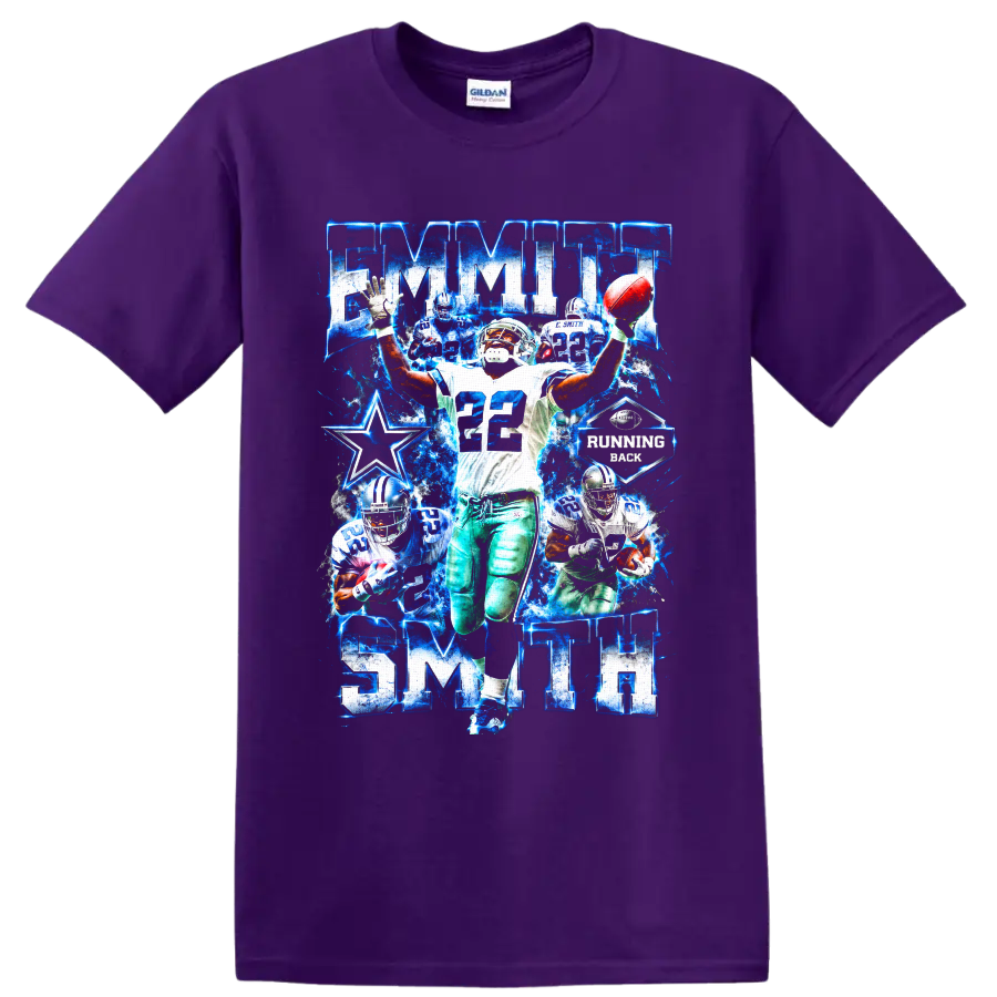 Emmitt Smith Dallas Cowboys number 22 running back blue star action collage on a Purple T Shirt