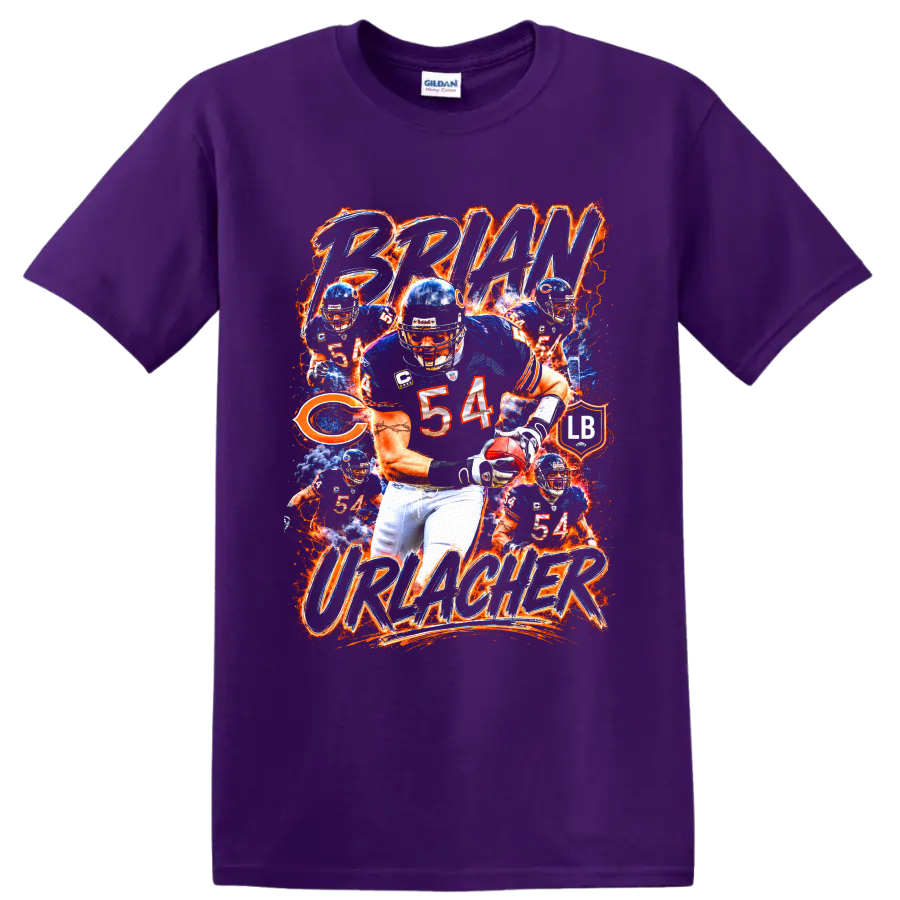 Brian Urlacher Chicago Bears 54 action collage with fiery BRIAN URLACHER lettering on a Purple T Shirt