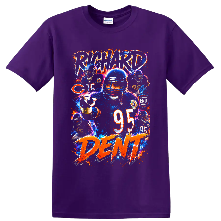 Richard Dent Chicago Bears number 95 football collage with electric retro lettering on a Purple T Shirt