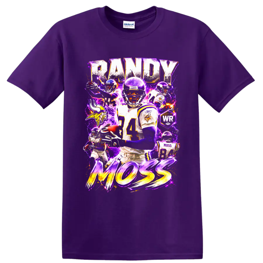 Randy Moss Minnesota Vikings number 84 collage with RANDY MOSS text and purple lightning on a Purple T Shirt
