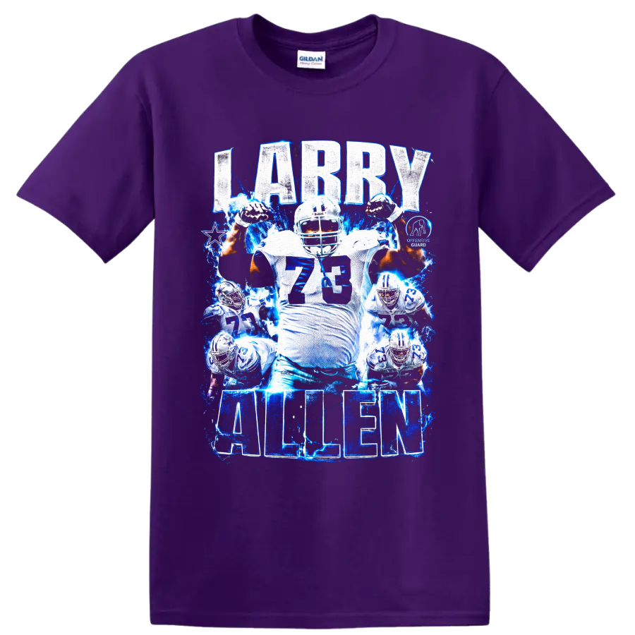 Larry Allen Dallas Cowboys number 73 football collage with blue lightning and bold on a Purple T Shirt
