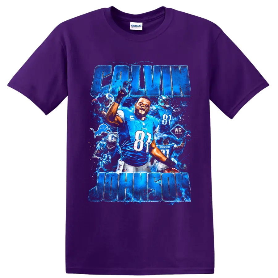 Calvin Johnson Detroit Lions number 81 football collage with electric blue lightning on a Purple T Shirt