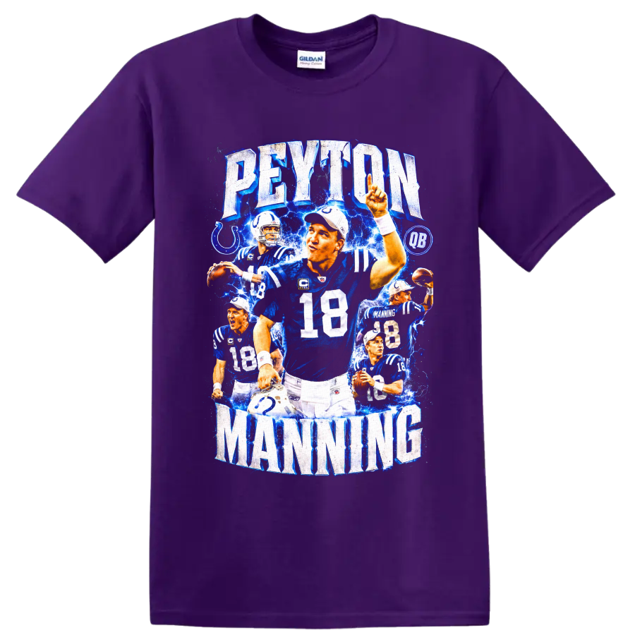 Peyton Manning Indianapolis Colts No. 18 electric football collage with PEYTON MANNING on a Purple T Shirt