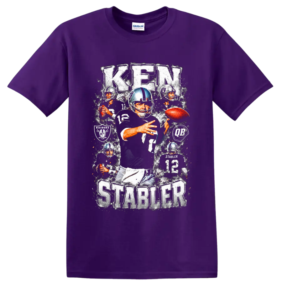 Ken Stabler Oakland Raiders number 12 vintage football collage with Raiders emblems on a Purple T Shirt