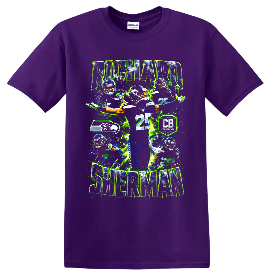 Richard Sherman Seahawks cornerback collage with number 25 and electric action effects on a Purple T Shirt