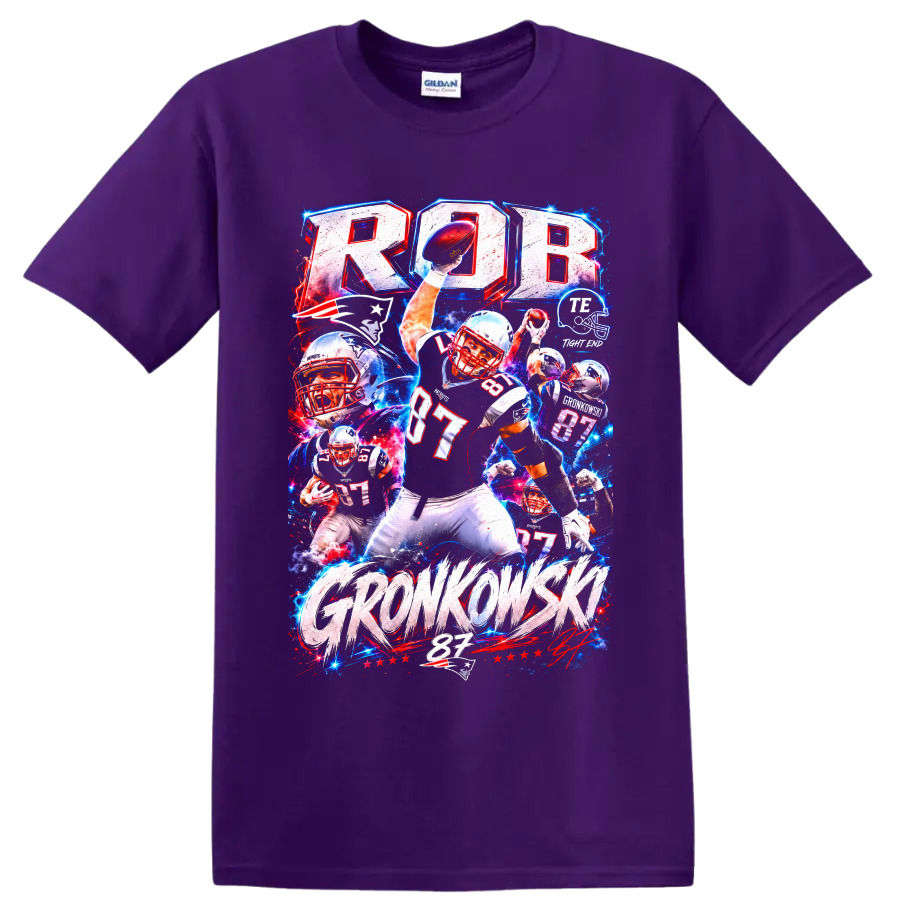 Rob Gronkowski Patriots number 87 football action collage with bold GRONKOWSKI text on a Purple T Shirt