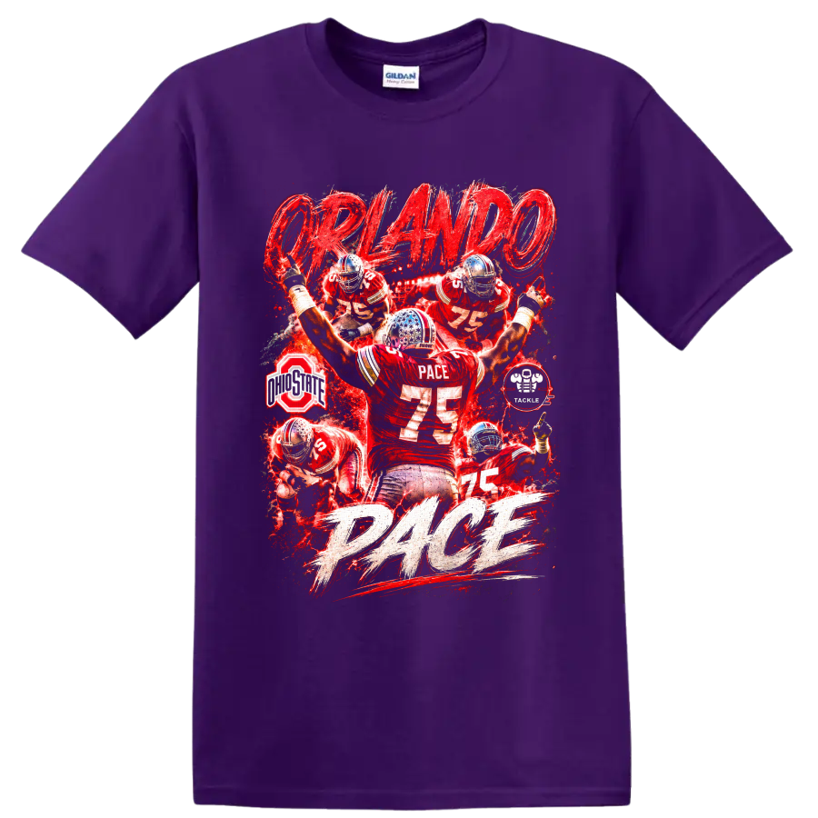 Orlando Pace Ohio State Buckeyes No. 75 red football action collage with PACE lettering on a Purple T Shirt