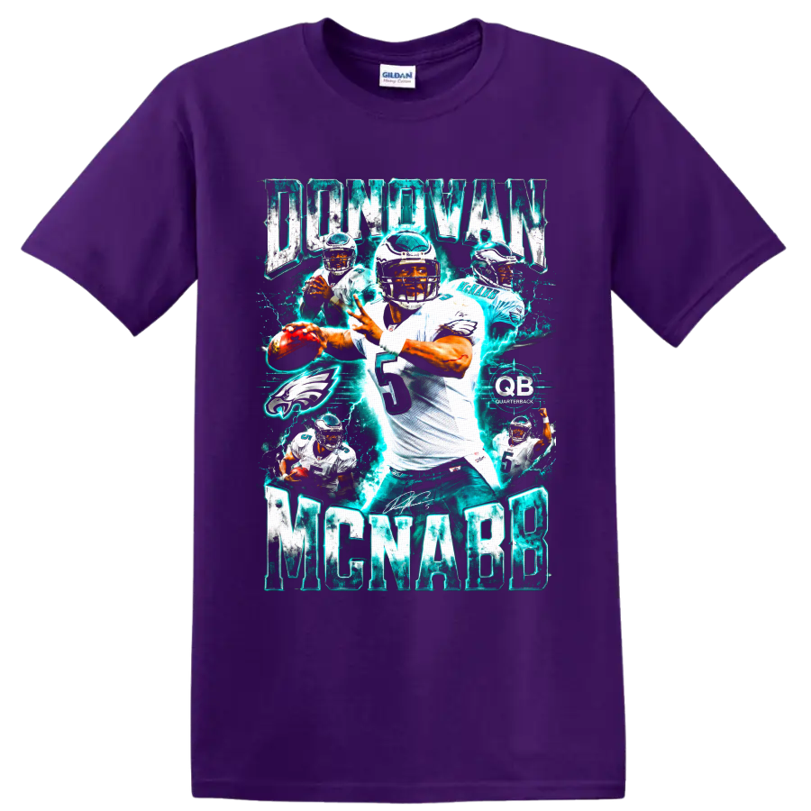 Donovan McNabb Philadelphia Eagles quarterback collage with electric teal action graphics on a Purple T Shirt