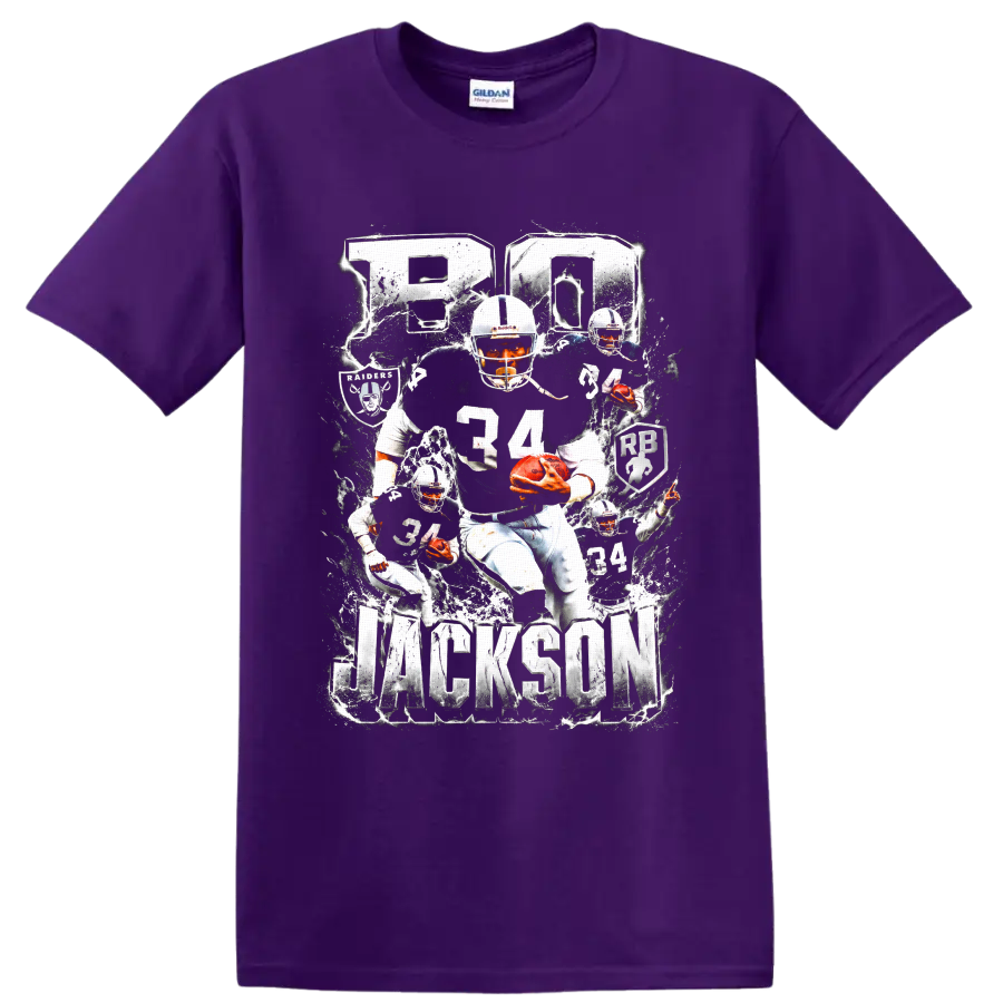 Bo Jackson Oakland Raiders number 34 football collage with BO and JACKSON text on a Purple T Shirt