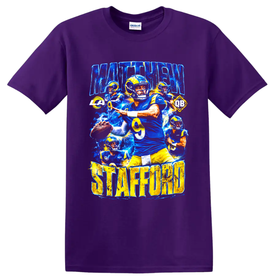 Matthew Stafford Rams quarterback action collage with MATTHEW STAFFORD lettering on a Purple T Shirt