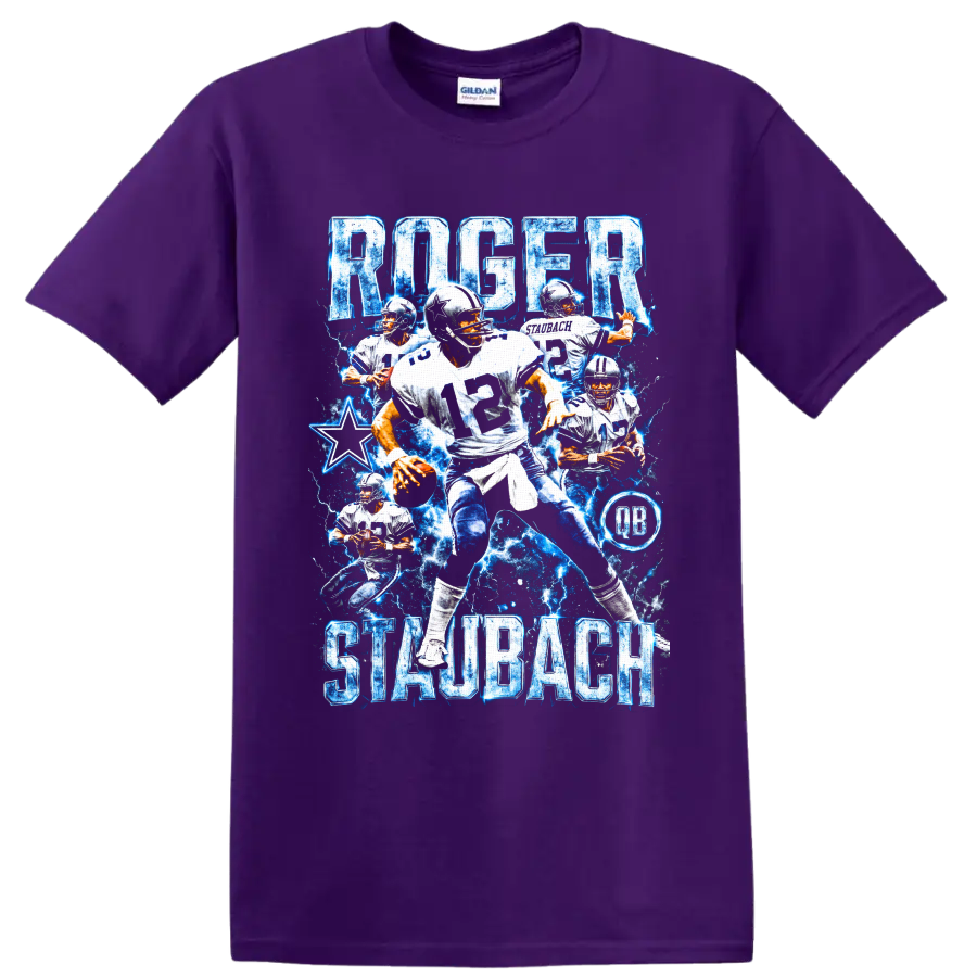 Roger Staubach Dallas Cowboys quarterback collage with blue lightning and number 12 on a Purple T Shirt
