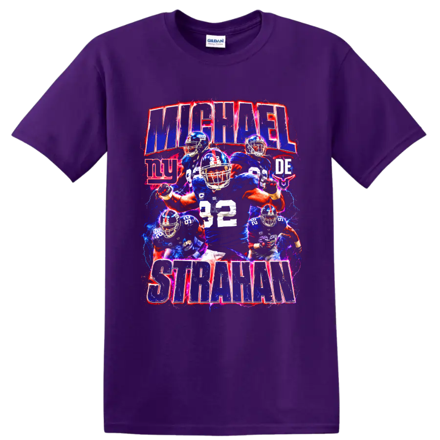 Michael Strahan number 92 New York Giants football collage with electric action effects on a Purple T Shirt