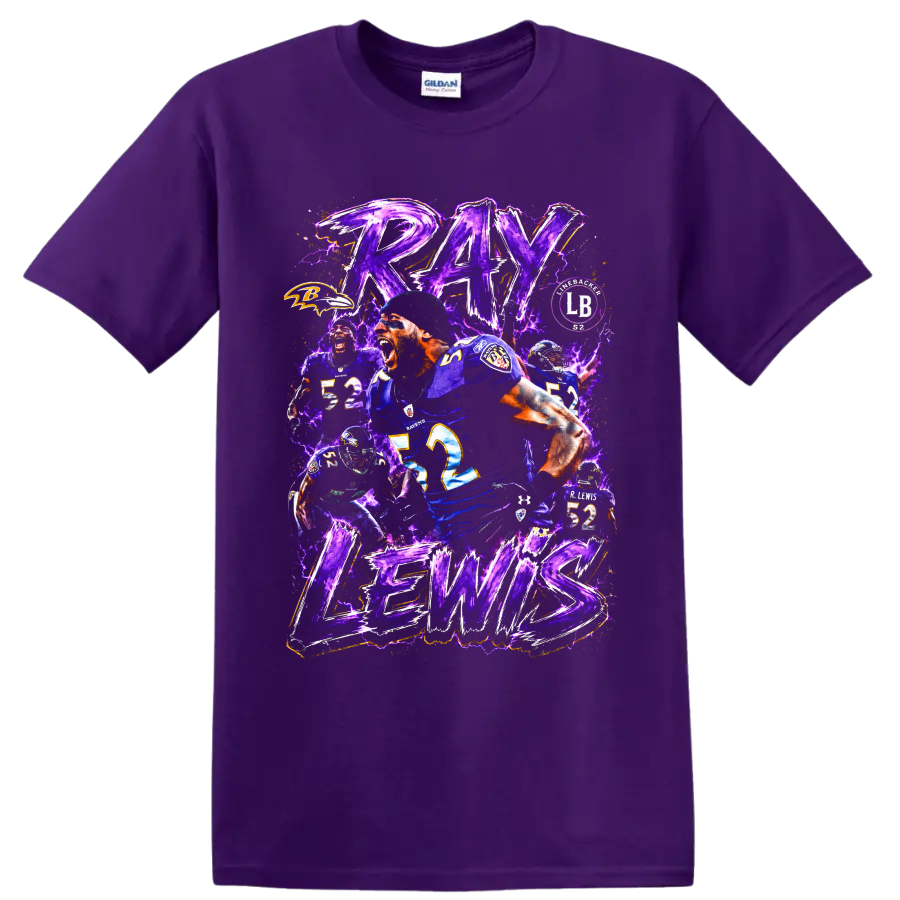 Ray Lewis Baltimore Ravens number 52 football collage with purple lightning on a Purple T Shirt
