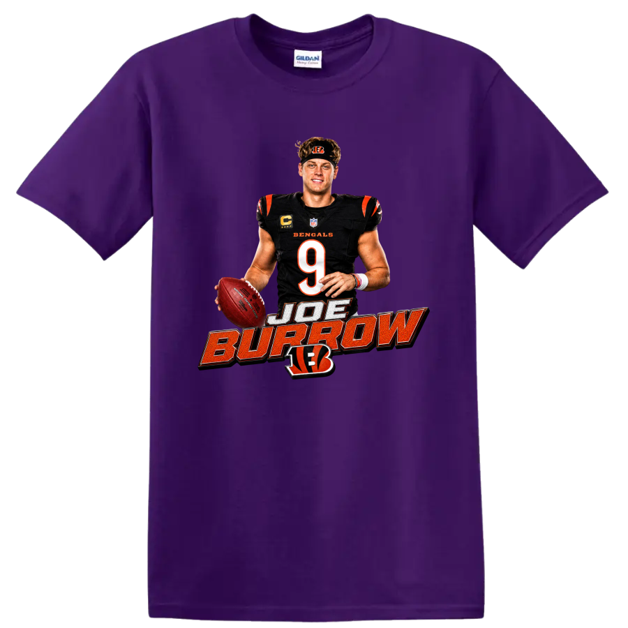 Joe Burrow Bengals quarterback graphic with number 9, football, and bold name lettering on a Purple T Shirt