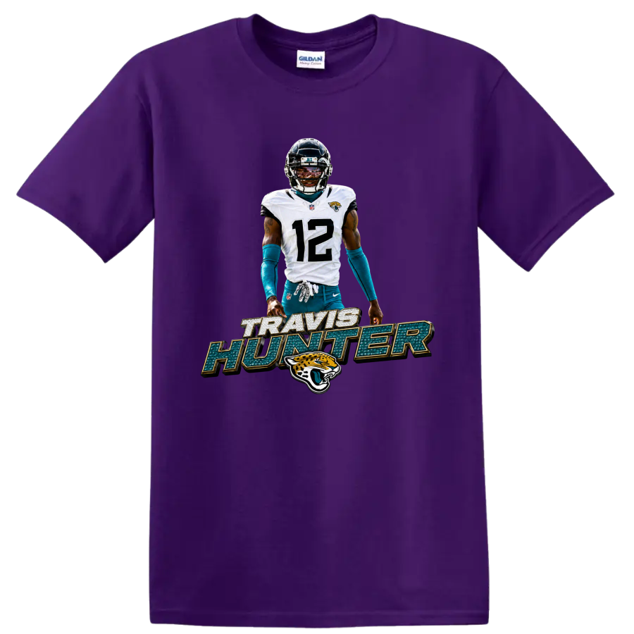 Travis Hunter Jaguars number 12 football player graphic with bold name lettering on a Purple T Shirt