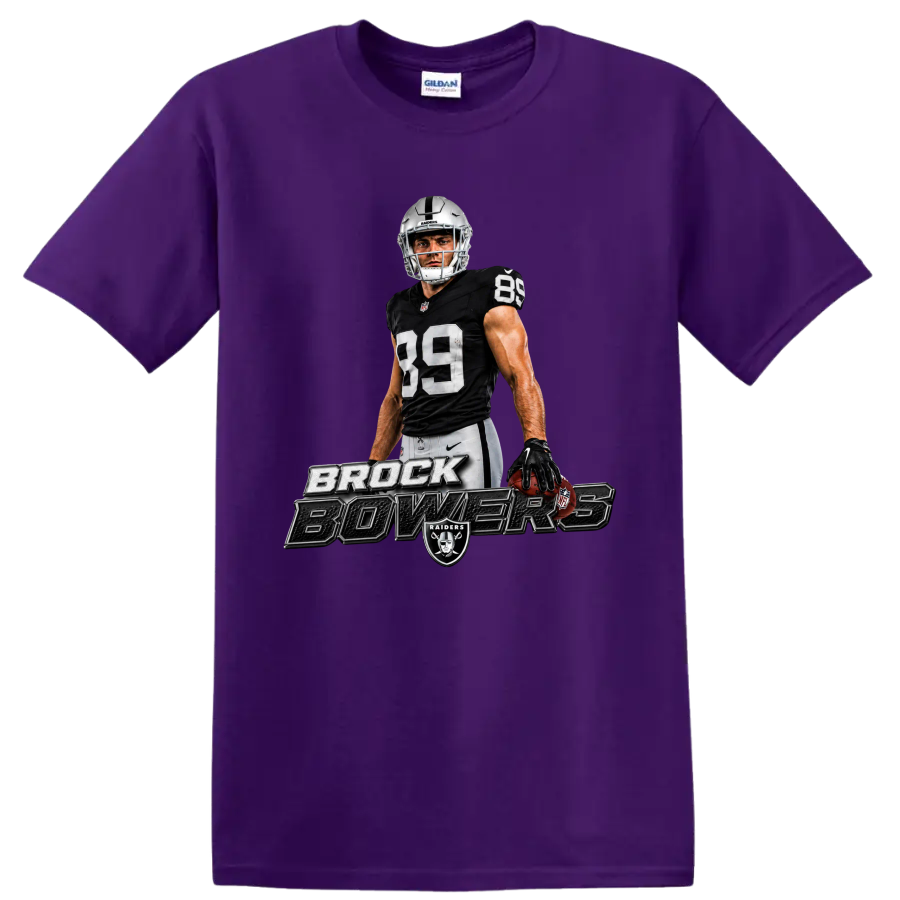 Brock Bowers Raiders No. 89 football player graphic with metallic name lettering on a Purple T Shirt