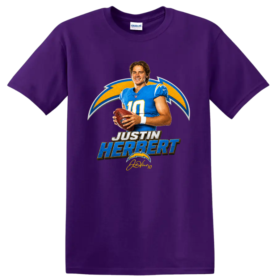 Justin Herbert Chargers quarterback graphic with football, lightning bolts, and player on a Purple T Shirt