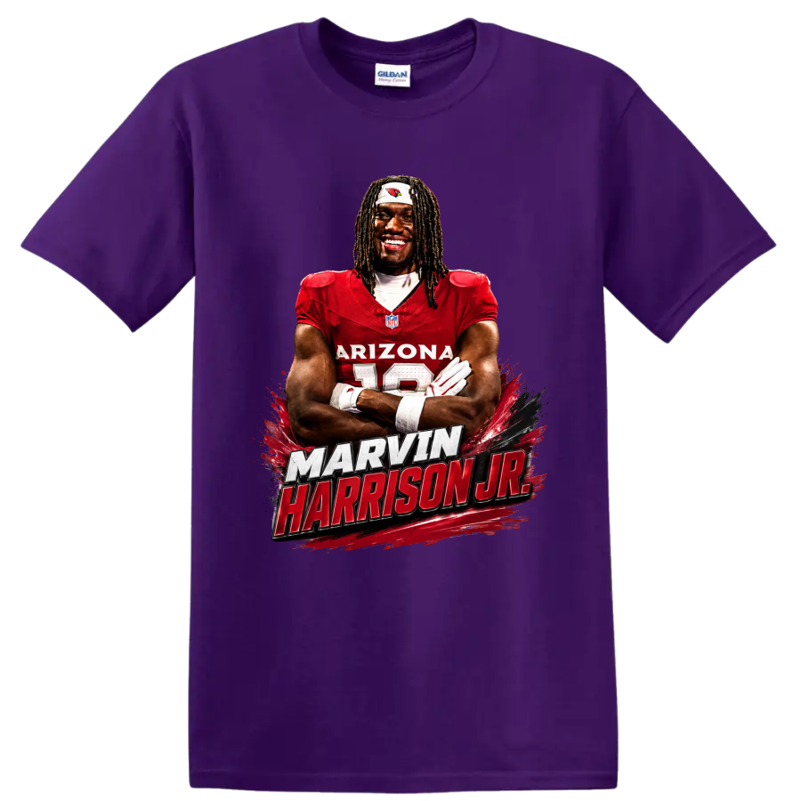 Marvin Harrison Jr Arizona Cardinals wide receiver portrait with bold name lettering on a Purple T Shirt