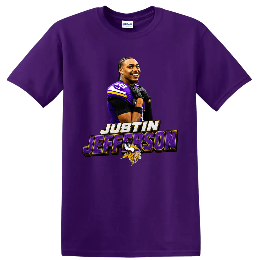 Justin Jefferson Minnesota Vikings player graphic with number 18 and name lettering on a Purple T Shirt