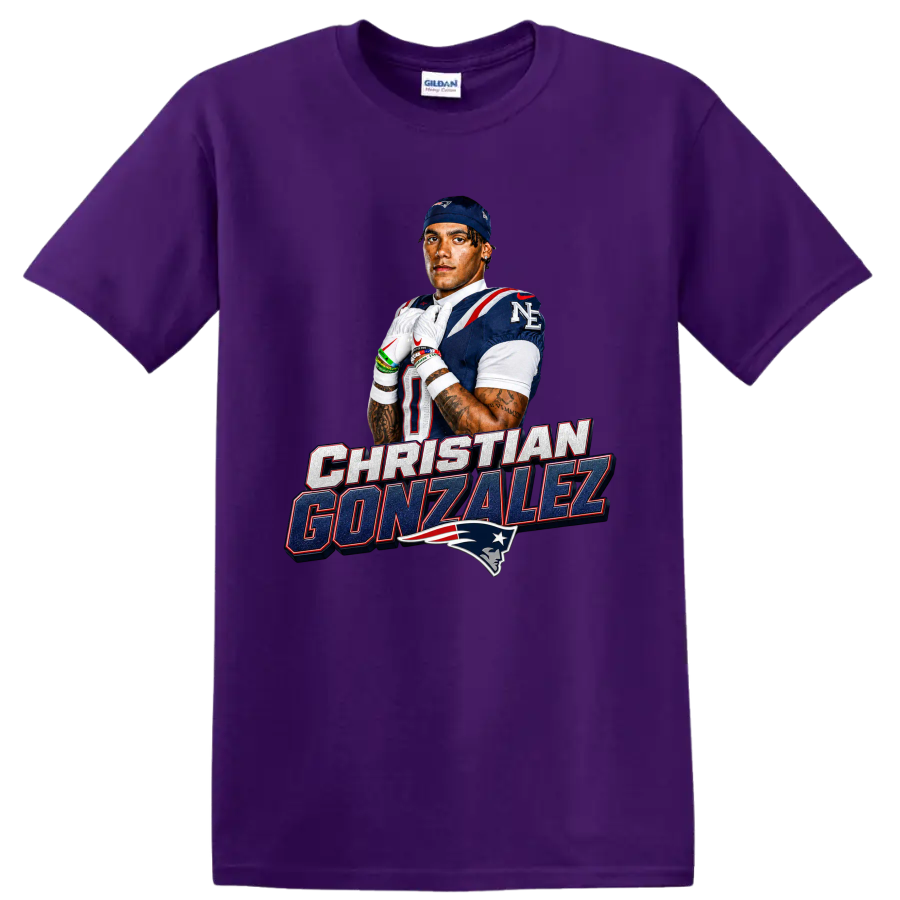 Christian Gonzalez Patriots football portrait with player-name lettering and team logo on a Purple T Shirt