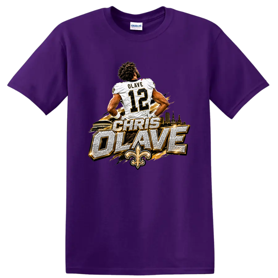 Chris Olave number 12 Saints football graphic with skyline, fleur-de-lis, and bold on a Purple T Shirt